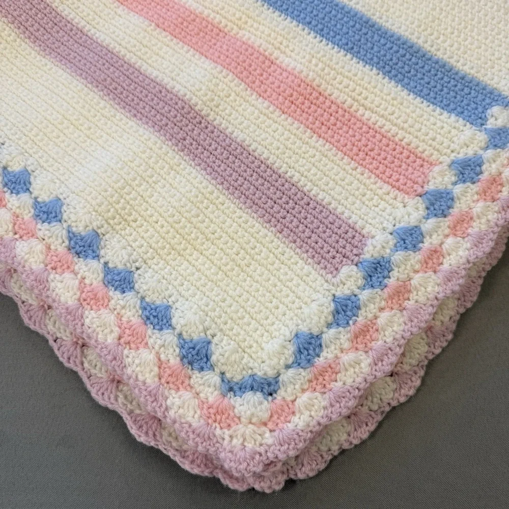 Crochet BABY BLANKET AFGHAN  36 X 42‎ White Blue Pink Girl Or Boy Beautiful!